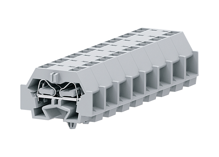 Клемма мини 242343 - Мини клемма, боковой подвод кабеля, 4 точки подключения в клемме, тип фиксации провода: пружинный, номинальное сечение: 4 мм кв., 24A, 630V, цвет: светло-серый, тип монтажа: защелки в панель