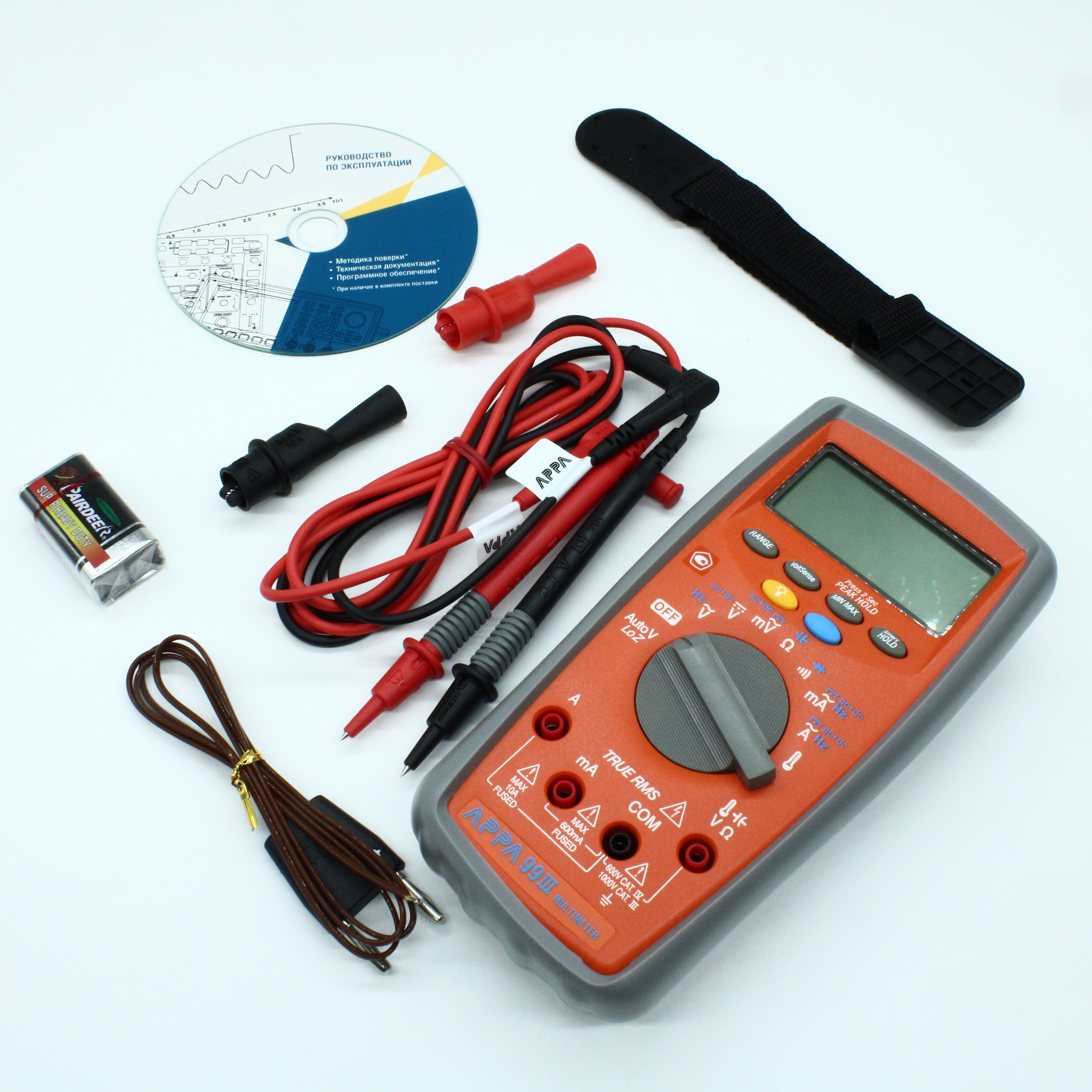 APPA 99III - Мультиметр, U пост.0,1 мВ - 1000 В,U пер.0,1 мВ-1000 В, I постпер.10 мкА-10 А, R 0,1 Ом-40 МОм, F 1 Гц-40 МГц, C 1 пФ-40 000 мкФ,изм. Температуры -20+800 гр.С, True-RMS