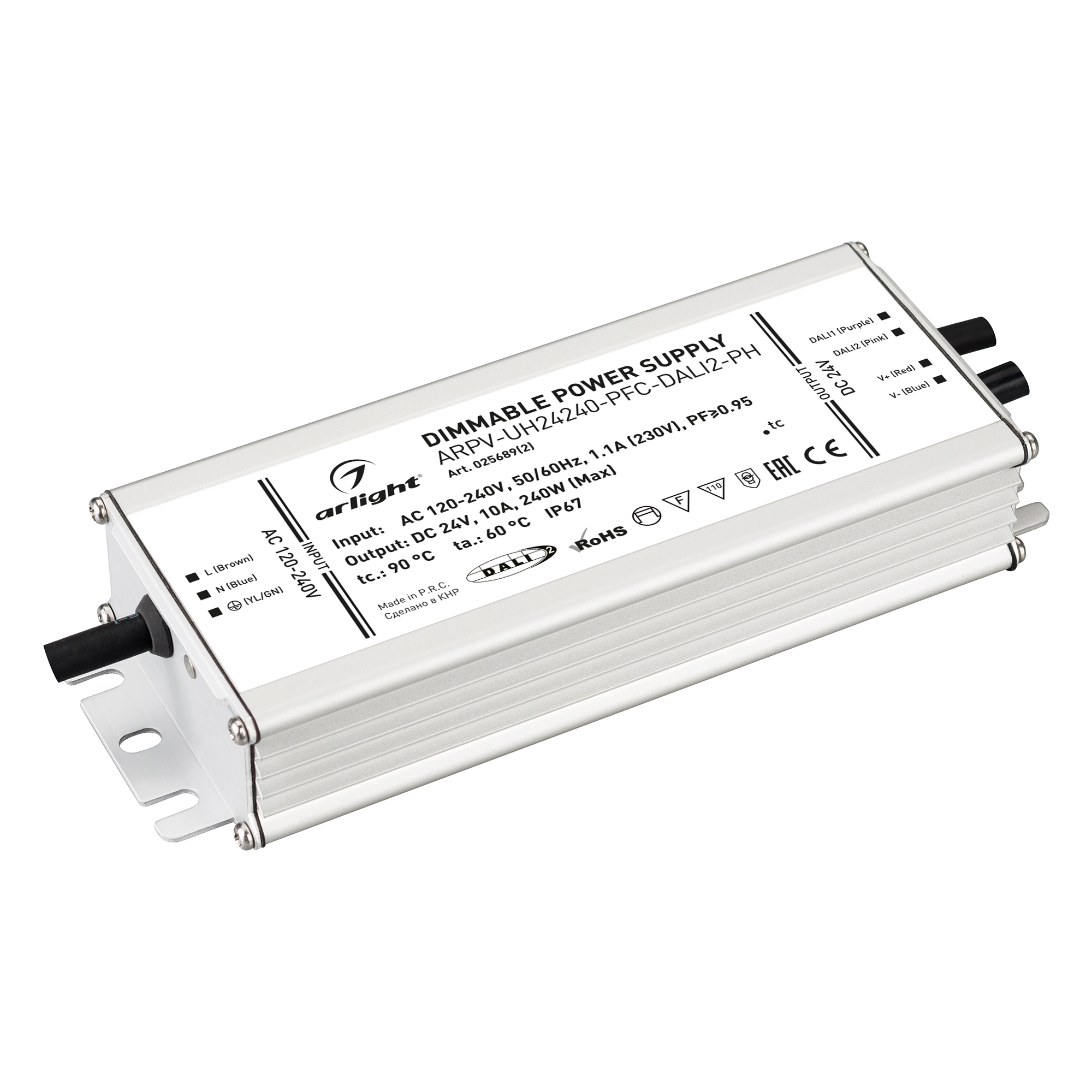 Блок питания ARPV-UH24240-PFC-DALI2-PH (24V, 10.0A, 240W) 025689(2) - Диммируемый источник напряжения по протоколу DALI2.0 с гальванической развязкой для светодиодных изделий. Входное напряжение 120-240 VAC. Выходные параметры: 24 В, 10 А, 240 Вт. Встроен