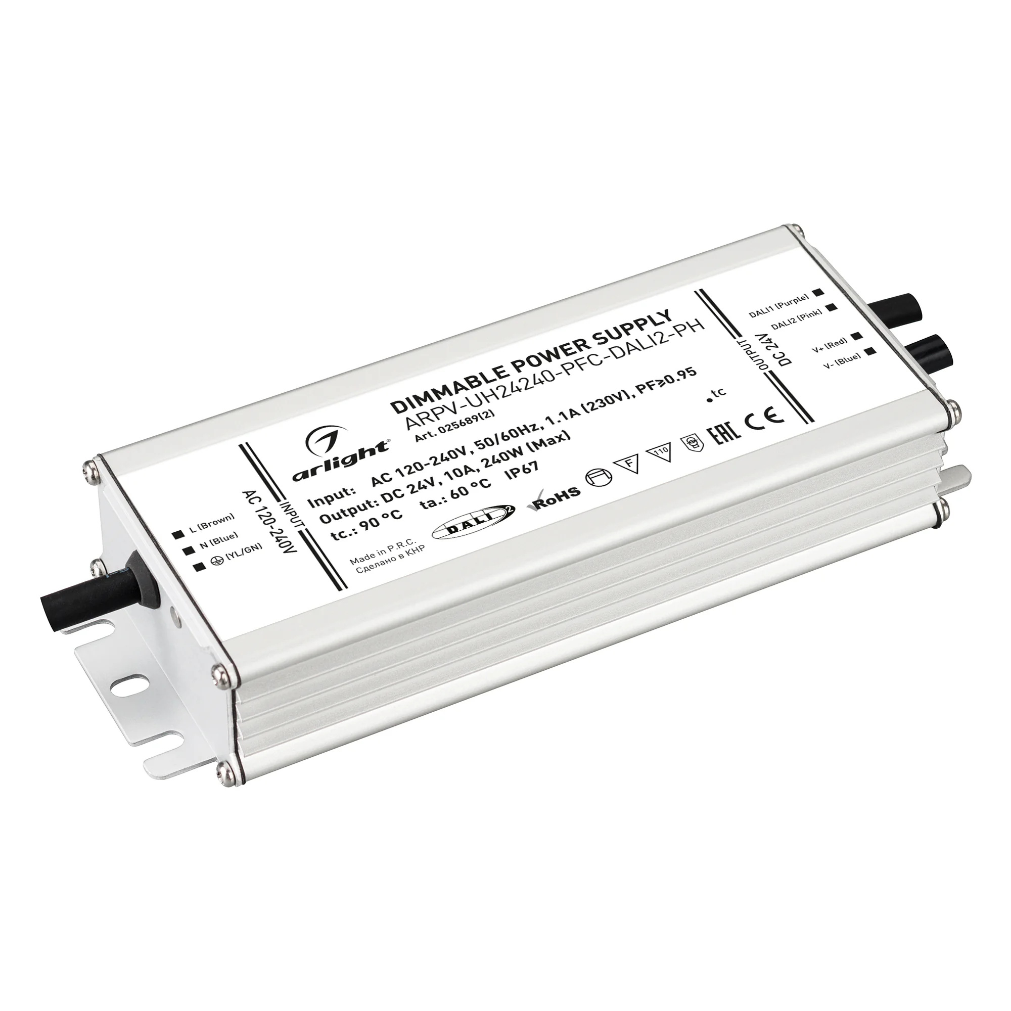 Блок питания ARPV-UH24240-PFC-DALI2-PH (24V, 10.0A, 240W) 025689(2) - Диммируемый источник напряжения по протоколу DALI2.0 с гальванической развязкой для светодиодных изделий. Входное напряжение 120-240 VAC. Выходные параметры: 24 В, 10 А, 240 Вт. Встроен