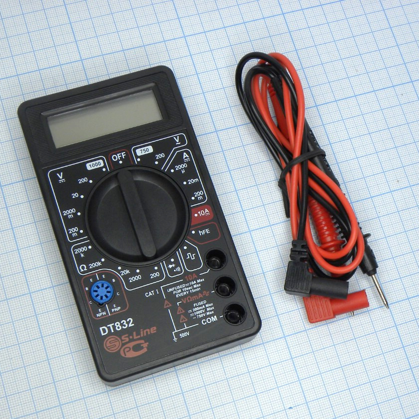 DT-832 - Мультиметр цифровой. Тест диодов, транзисторов, прозвон цепей, генератор меандра измерение тока, напряжения, сопротивления и других параметров.