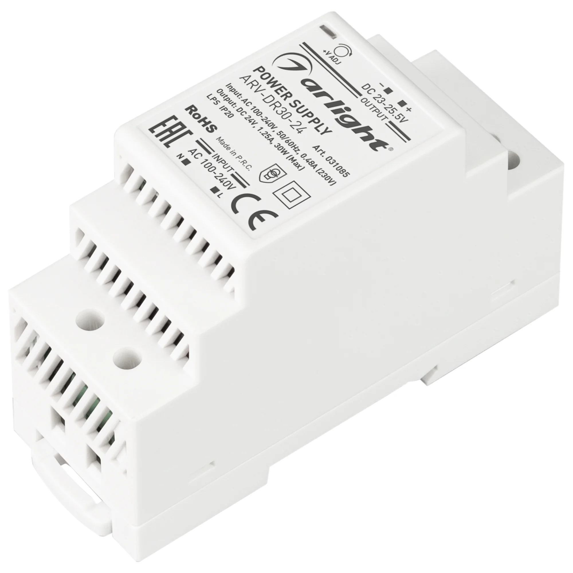 Блок питания ARV-DR30-24 (24V, 1.25A, 30W) 031085 - Источник напряжения с гальванической развязкой для светодиодных изделий. Входное напряжение 100-240 VAC. Выходные параметры: 24 В, 1.25 А, 30 Вт. Негерметичный пластиковый корпус IP 20 для установки на D