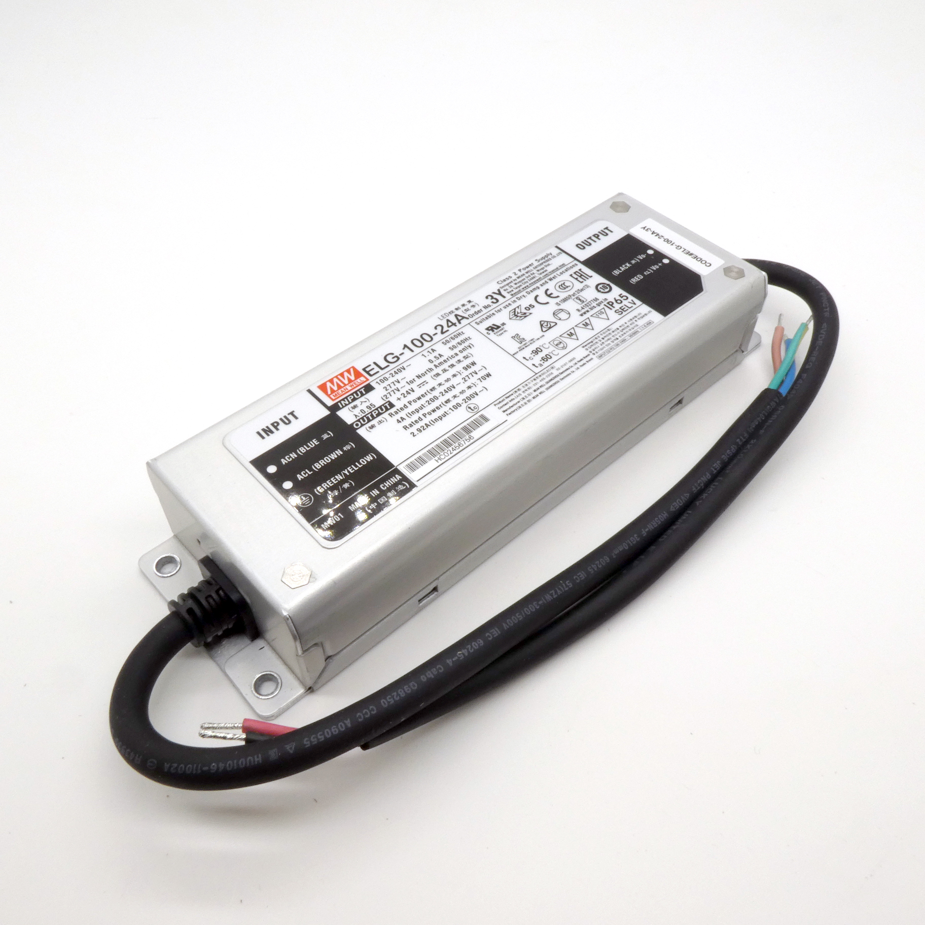 ELG-100-24A-3Y - AC-DC, 96Вт, IP65, вход 100…305В AC, 47…63Гц/142…431В DC, ККМ, выход 12…24В/2…4А, изоляция 3750В AC, в кожухе 199х63х35,5мм, -40…+70°С, рег. выхода, с проводом заземления