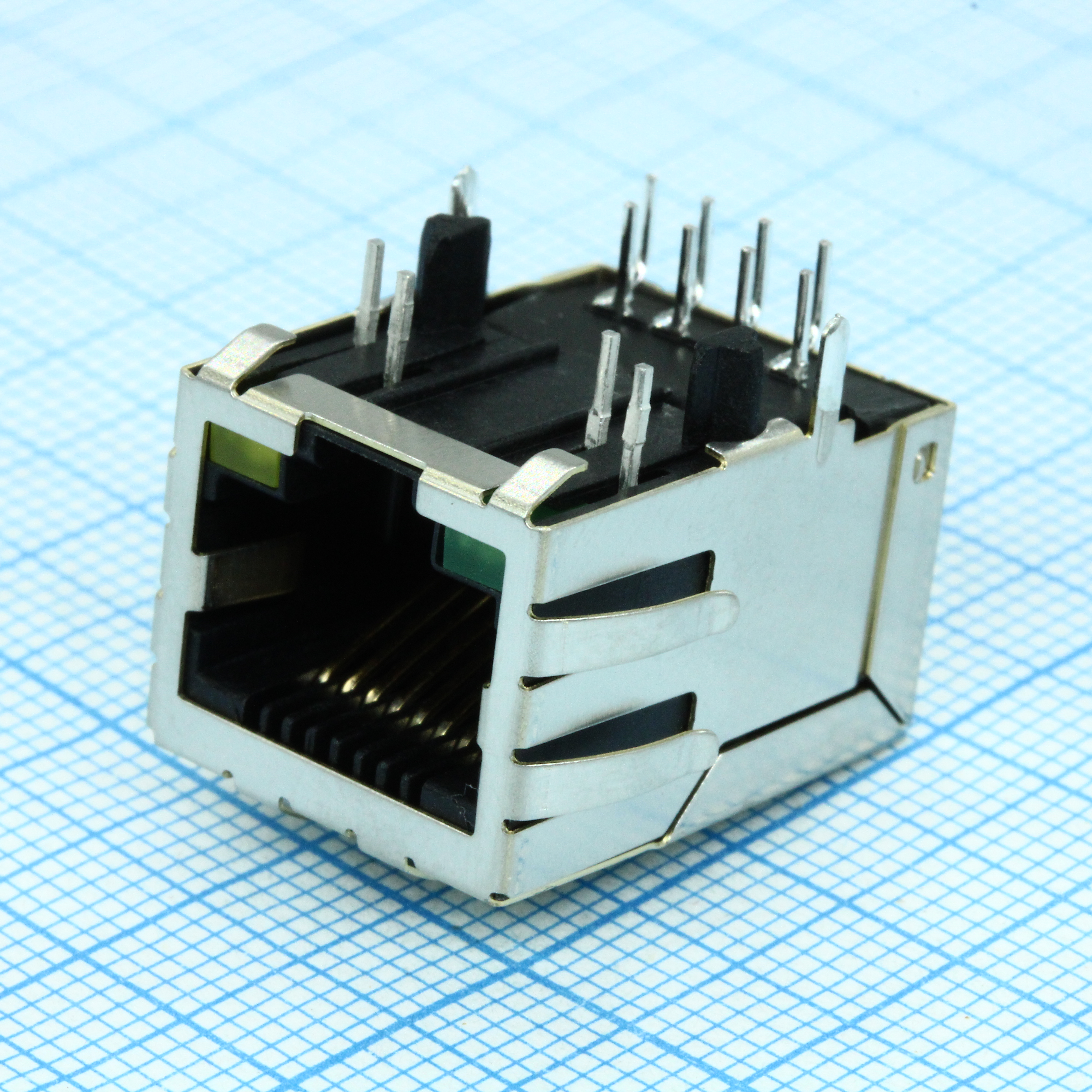 J0026D21BNL - Разъем модульный RJ-45 розеика 8 контактов шаг 2.54мм угловой монтаж в отверстие 12 терминалов 1 порт