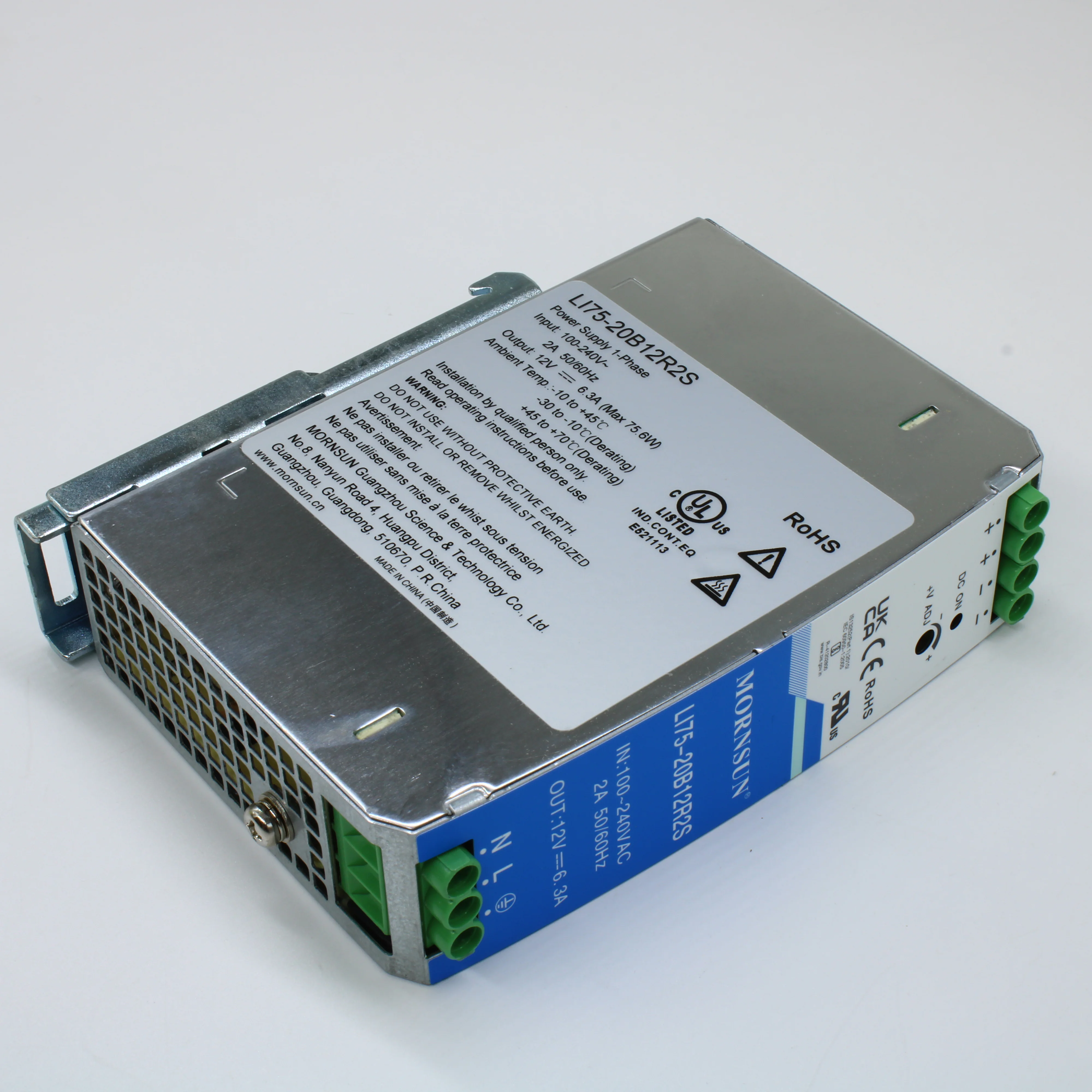 LI75-20B12R2S - Преобразователь AC-DC на DIN-рейку  75Вт, выход 12В/6.3A, вход 90…264V AC, 47…63Гц изоляция 4000В AC -30…+70°С