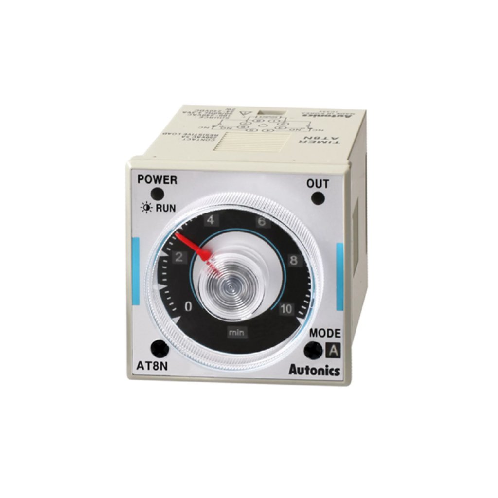 AT8N (100-240V~; 24-240V=) - Аналоговый реле времени AT8N 100-240VAC 24-240VDC с возможностью выбора режима работы (задержка включения, циклический, интервальный, всего 6 режимов).