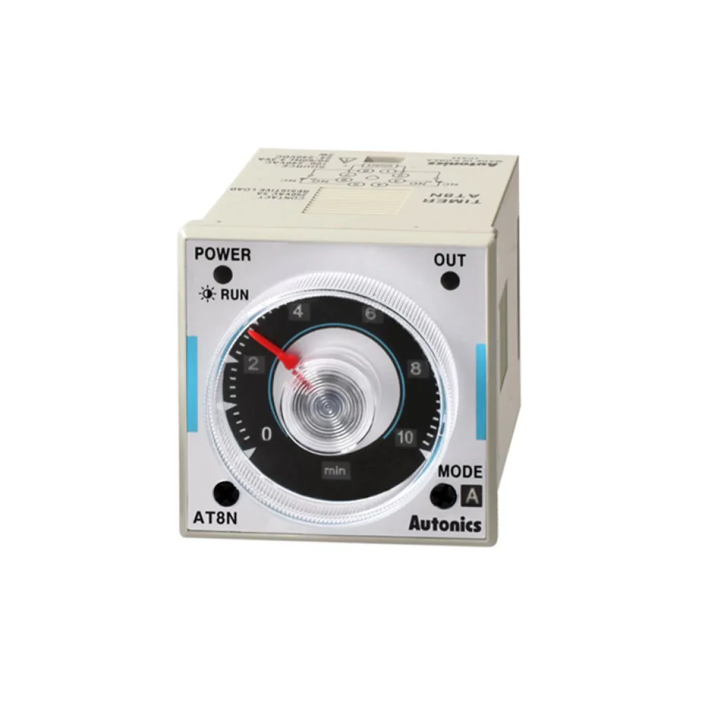 AT8N (100-240V~; 24-240V=) - Аналоговый реле времени AT8N 100-240VAC 24-240VDC с возможностью выбора режима работы (задержка включения, циклический, интервальный, всего 6 режимов).
