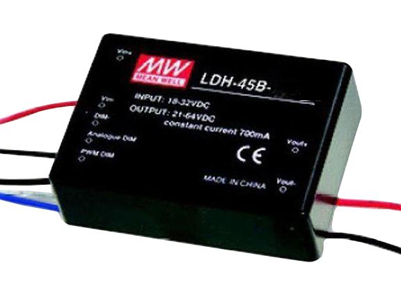 LDH-45B-700WDA - DC/DC LED повышающий, вход 18…32В, выход 36…64В/0.7А, КПД до 95%, DALI, 75x53x22.7мм, проводные выводы, -40…70°C, пластик