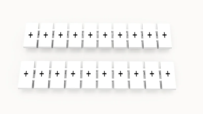 Марк.  полоска ZB5-10P-19-644Z(H) - Маркировочные шильдики для клемм WS…, DC…, PC…, сечением 2,5 мм кв., центральная, 10 шильдиков, нанесенные символы: + с вертикальным расположением, размер шильдика: 4,55х10,7 мм, цвет белый