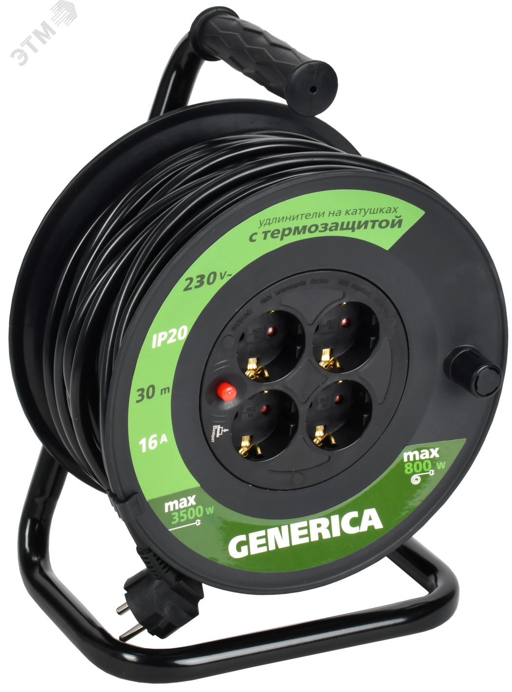 Удлинитель на катушке 4х30м 16А IP20 УК30 2P+PE 3х1.5 термозащита GENERICA WKP20-16-04-30-G