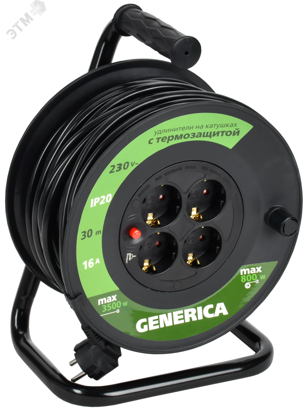 Удлинитель на катушке 4х30м 16А IP20 УК30 2P+PE 3х1.5 термозащита GENERICA WKP20-16-04-30-G