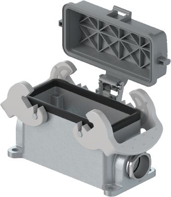 Закрытое основание разъема 72.342.2435.0 - Основание разъема на панель, закрытое, типоразмер 24B, с уплотнителем, 1 кабельный ввод M25x1,5, IP54, с правым расположением, без защелок (упоры для двух защелок), с защитной крышкой, материал корпуса: алюминиев