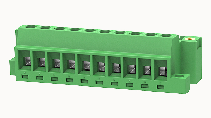 PCB вилка 2EDG-DBM-5.08-10P-14 - Вилочный разъем, PCB, на кабель, угол 90 град., с монтажными фланцами,монтаж на поверхность,шаг 5,08 мм, 10 полюсов, сечение проводников: 0.2 - 2.5 мм кв., 320V, 12А, цвет: зеленый, серия 2EDG-DBM