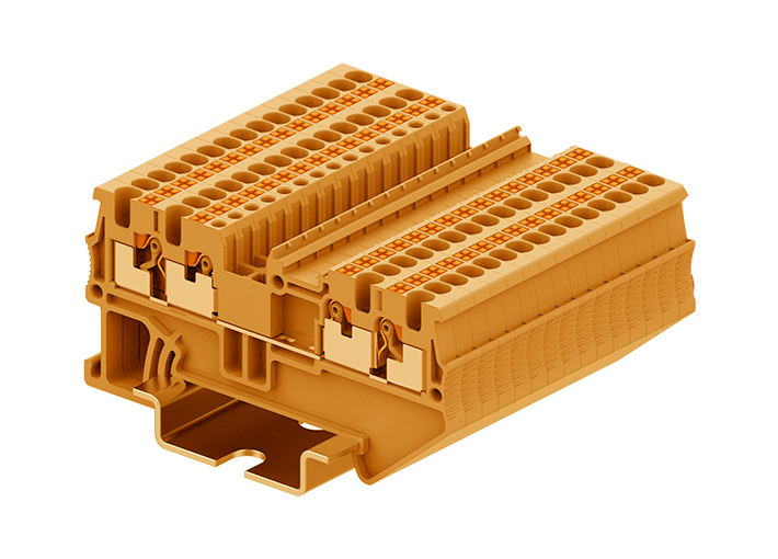 Проходная клемма TP1.5-4-OG - Проходная клемма, 4 точки подключения, тип фиксации провода: push-in, номинальное сечение: 1,5 мм кв., 17,5A, 500V, ширина: 3,5 мм, цвет: оранжевый, тип монтажа: DIN 35