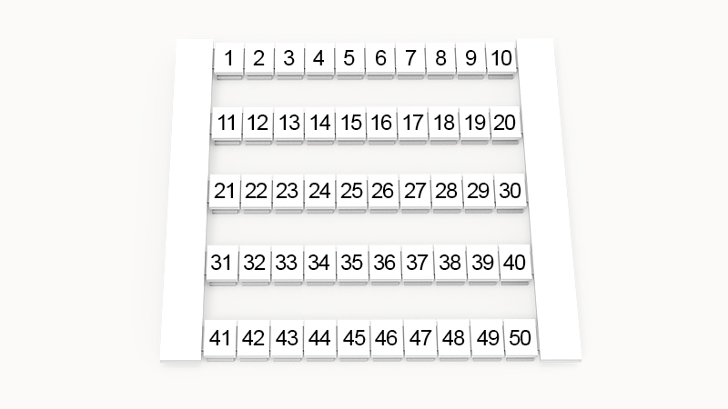 Марк. кассета DEK5-50P-19-103Z(H) - Маркировочные шильдики для клемм WS…, сечением 2,5 мм кв., боковая, 50 шильдиков, нанесенные символы: 1-50, по 5 полосок,с вертикальным расположением, размер шильдика: 4,8х5,5 мм, цвет белый