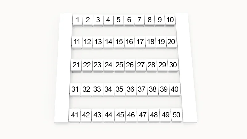 Марк. кассета DEK5-50P-19-103Z(H) - Маркировочные шильдики для клемм WS…, сечением 2,5 мм кв., боковая, 50 шильдиков, нанесенные символы: 1-50, по 5 полосок,с вертикальным расположением, размер шильдика: 4,8х5,5 мм, цвет белый