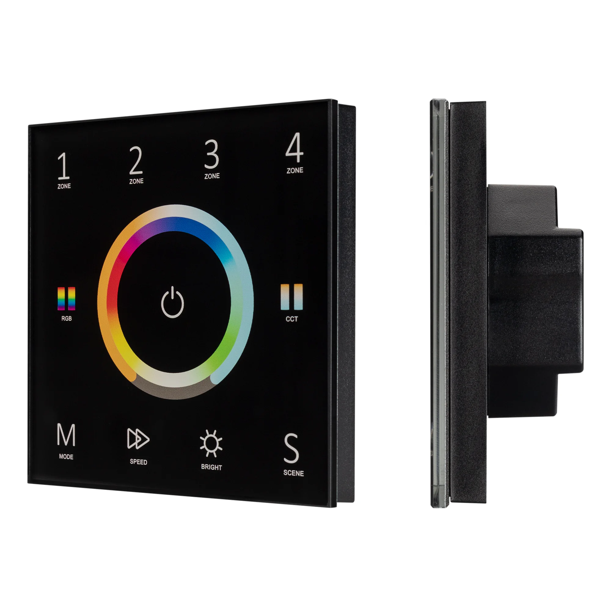 Панель Sens SMART-P67-MULTI Black (230V, 4 зоны, 2.4G) 028322 - Встраиваемая сенсорная панель 2.4 ГГц, цвет чёрный. Материал - стекло. Для управления RGB+MIX (5-канальными) источниками света (ШИМ), 4 зоны управления. Питание/рабочее напряжение AC 85-265V.