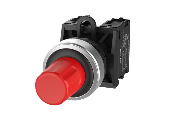 Кнопка "СТОП" (красная) TS2520-0QL10-R20 - Нажимная кнопка "СТОП", с блокировкой, без подсветки, алюминиевое переднее кольцо, с плавным нажатием, с контактной группой 2NO, диаметр головки кнопки 29,5 мм, диаметр посадочного отверстия: 22 мм, цвет: красный