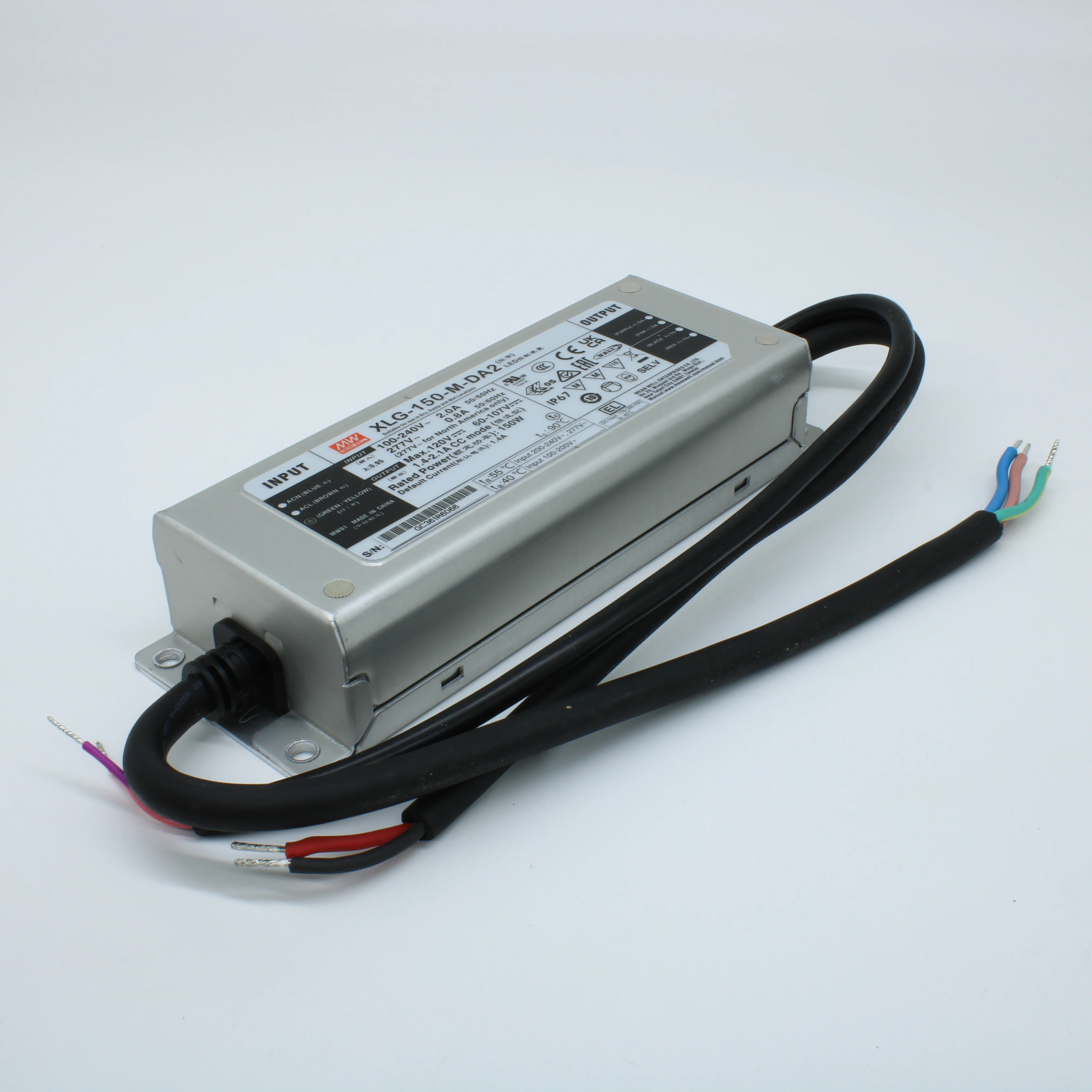 XLG-150-M-DA2 - AC-DC, 150Вт, вход 100…305В AC, 47…63Гц/142…431В DC, выход 60…107В/1400мА, рег. вых 700…2100мА, изоляция 3750В AC, в корпусе 180х63х35.5мм, -40…+90°С, DALI-2 димминг