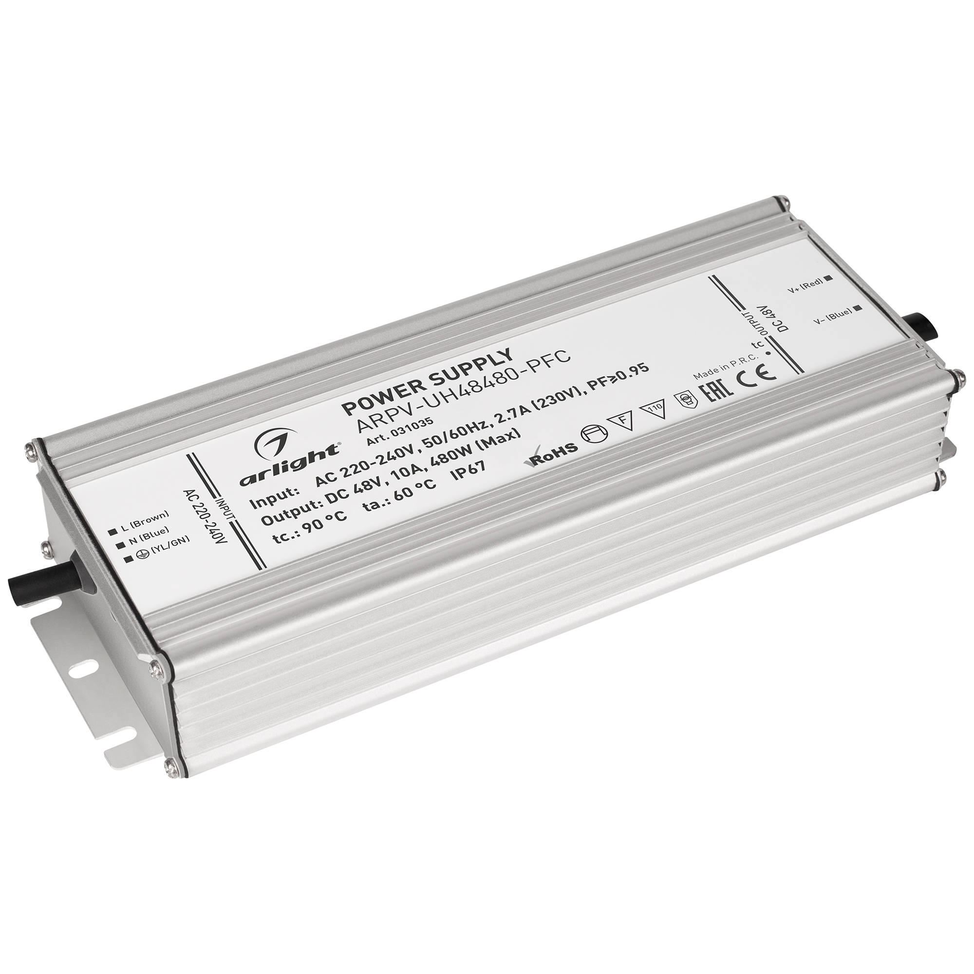 Блок питания ARPV-UH48480-PFC (48V, 10A, 480W) 031035 - Источник напряжения с гальванической развязкой для светодиодных изделий. Входное напряжение 220-240 VAC. Выходные параметры: 48 В, 10 А, 480 Вт. Встроенный PFC >0,95. Герметичный алюминиевый корпус I