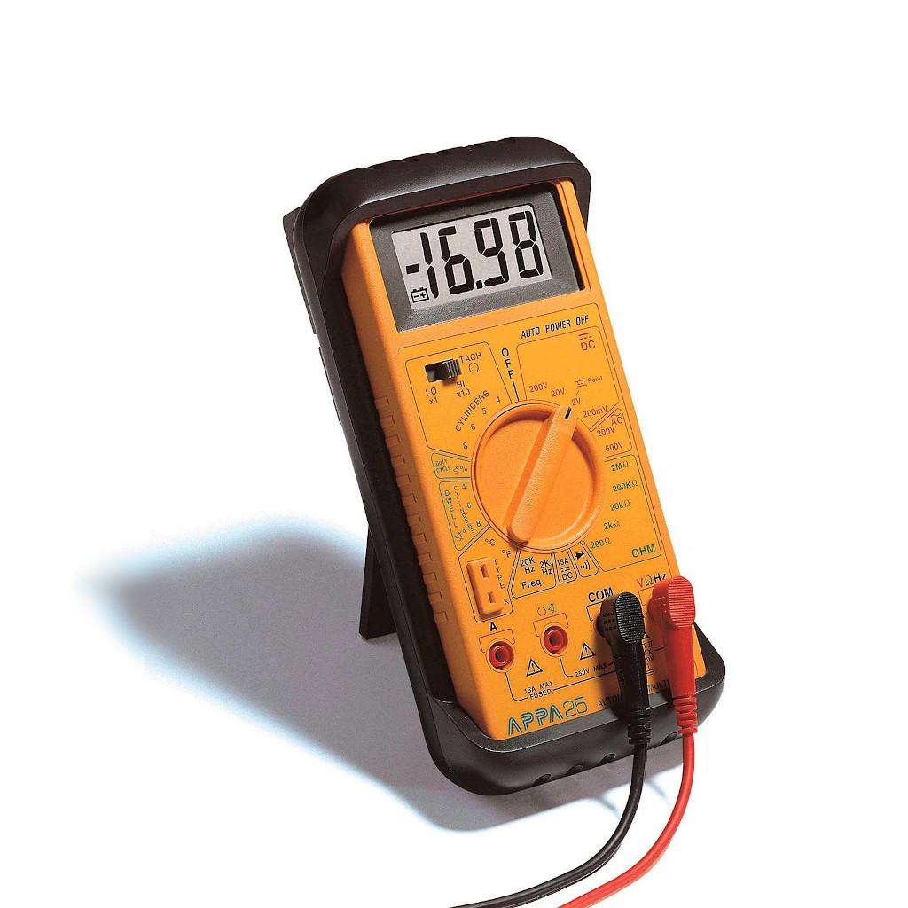APPA 25 - Автомобильный тестер: пост. и перемен. напряжение до 600В, пост.ток до 15А, сопр. до 2МОм, F до 20кГц, УЗСК (4/6/8 цилиндров), тахометр (4/5/6/8 цилиндров), темпер. до 800град.С, скважность, прозвон,
