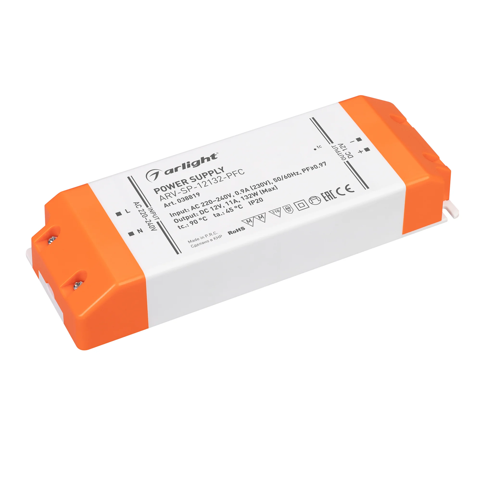 Блок питания ARV-SP-12132-PFC (12V, 11A, 130W) 038819 - Источник напряжения с гальванической развязкой для светодиодных изделий. Входное напряжение 220-240 VAC. Выходные параметры: 12 В, 11 А, 132 Вт. Встроенный PFC >0.97. Негерметичный пластиковый корпус