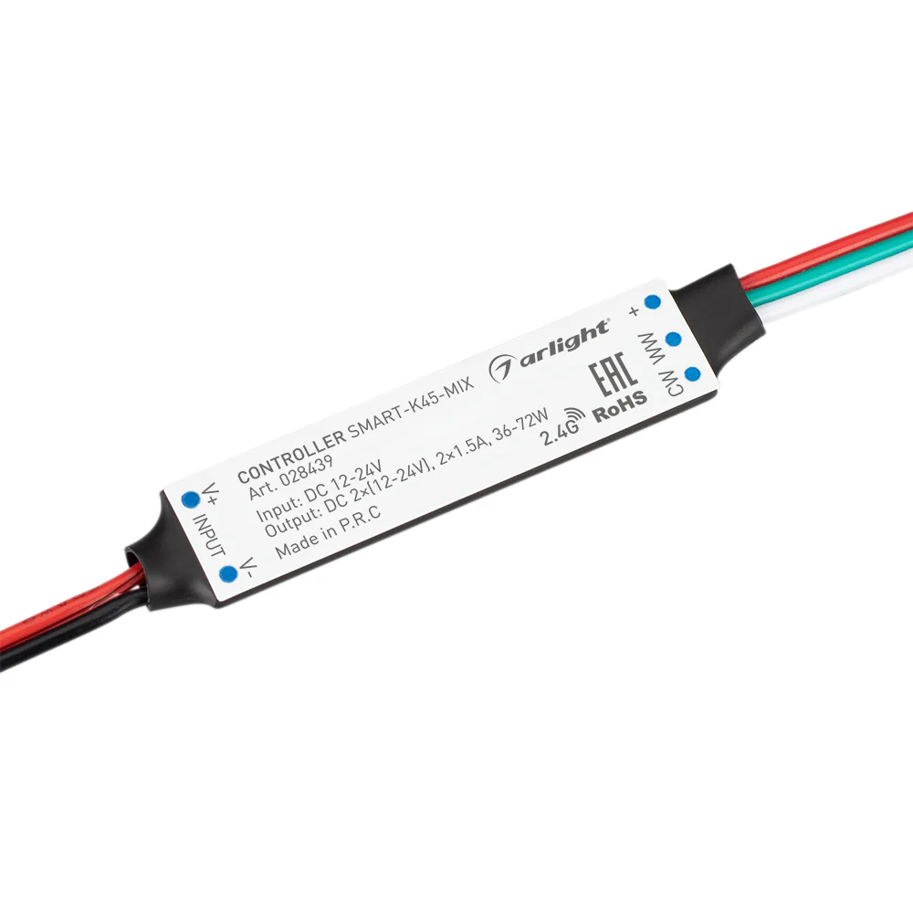 Контроллер SMART-K45-MIX (12-24V, 2x1.5A, 2.4G) 028439 - Миниатюрный контроллер для MIX(CCT) светодиодной ленты (ШИМ). Питание/рабочее напряжение 12-24VDC, максимальный ток 1.5A на канал, 2 канала, максимальная мощность 36-72W. Габариты 60x14x6 мм. Совмес
