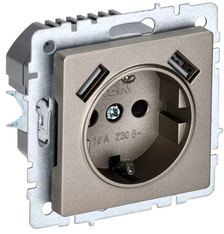 Розетка BRITE РЮш10-2-БрШ 16А с USB A+A 3.1А с заземл. защ. шторки шампань BR-R14-16-U21-D31-K37