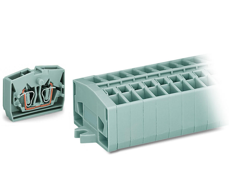 Клеммный блок 254106 - Клеммный блок, верхний подвод кабеля, 6 клемм в сборке, по 2 пружинный, тип фиксации провода: пружинный, номинальное сечение: 2,5 мм кв., 24A, 800V, цвет: серый, тип монтажа: монтажные фланцы