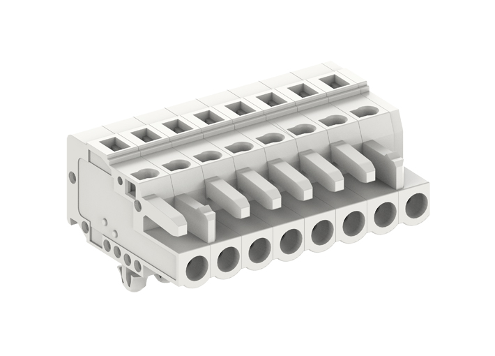 Розеточный разъем на кабель 450621/030 - Розеточный разъем, прямой, на кабель, шаг: 5.0 мм, 21 полюс, фиксация провода пружинная, исполнение: с якорными защелками в панель, 320V, 12A, цвет: серый