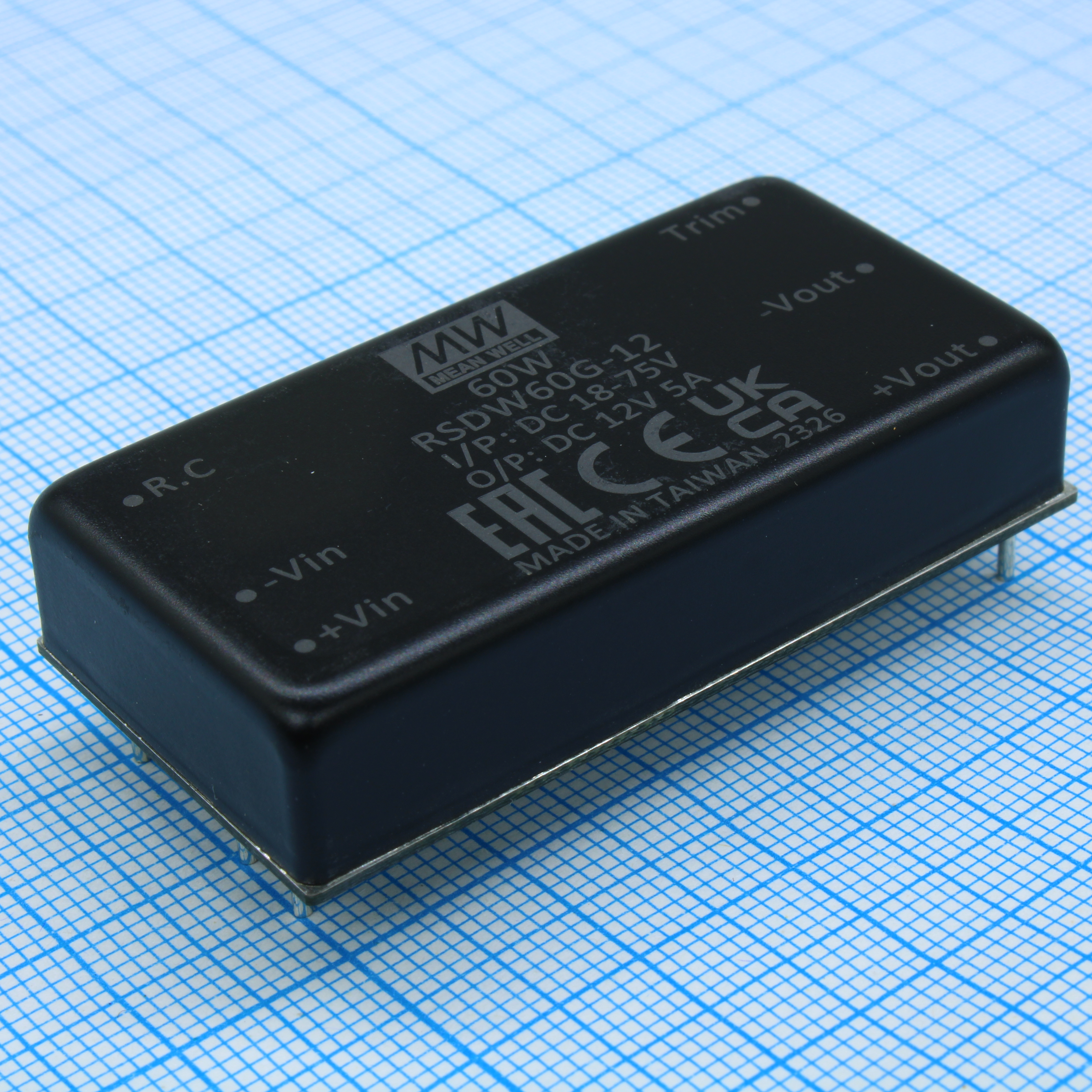 RSDW60G-12 - DC/DC, 60Вт, вход 18…75В, выход 12В/5А, изоляция 3000В DC, КПД 92%, максимальная емкостная нагрузка не более 5850мкФ, 2x1", 50.8x25.4x10.5мм, -40…85°C