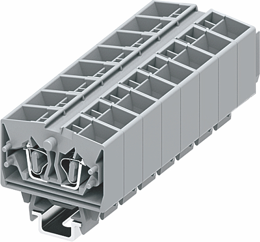 Клемма мини 254391 - Мини клемма, верхний подвод кабеля, 4 точки подключения в клемме, тип фиксации провода: пружинный, номинальное сечение: 2,5 мм кв., 24A, 800V, цвет: серый, тип монтажа: DIN15
