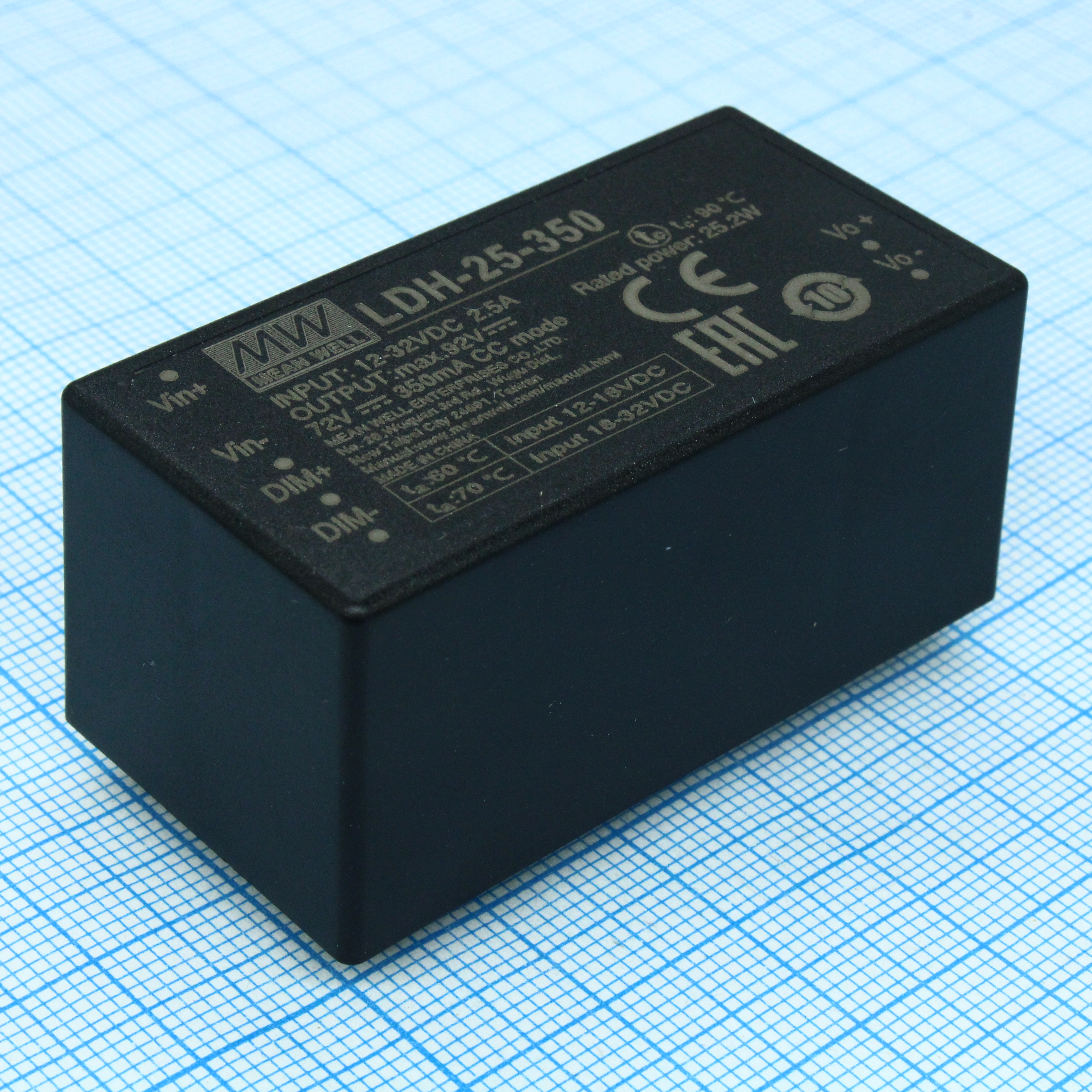 LDH-25-350 - DC/DC LED понижающий, вход 9.5…32В, выход 12.5…72В/0.35А, КПД до 95%, вход DIMM 2 in 1, 52.4x27.2x24мм, DIP, -40…70°C, пластик