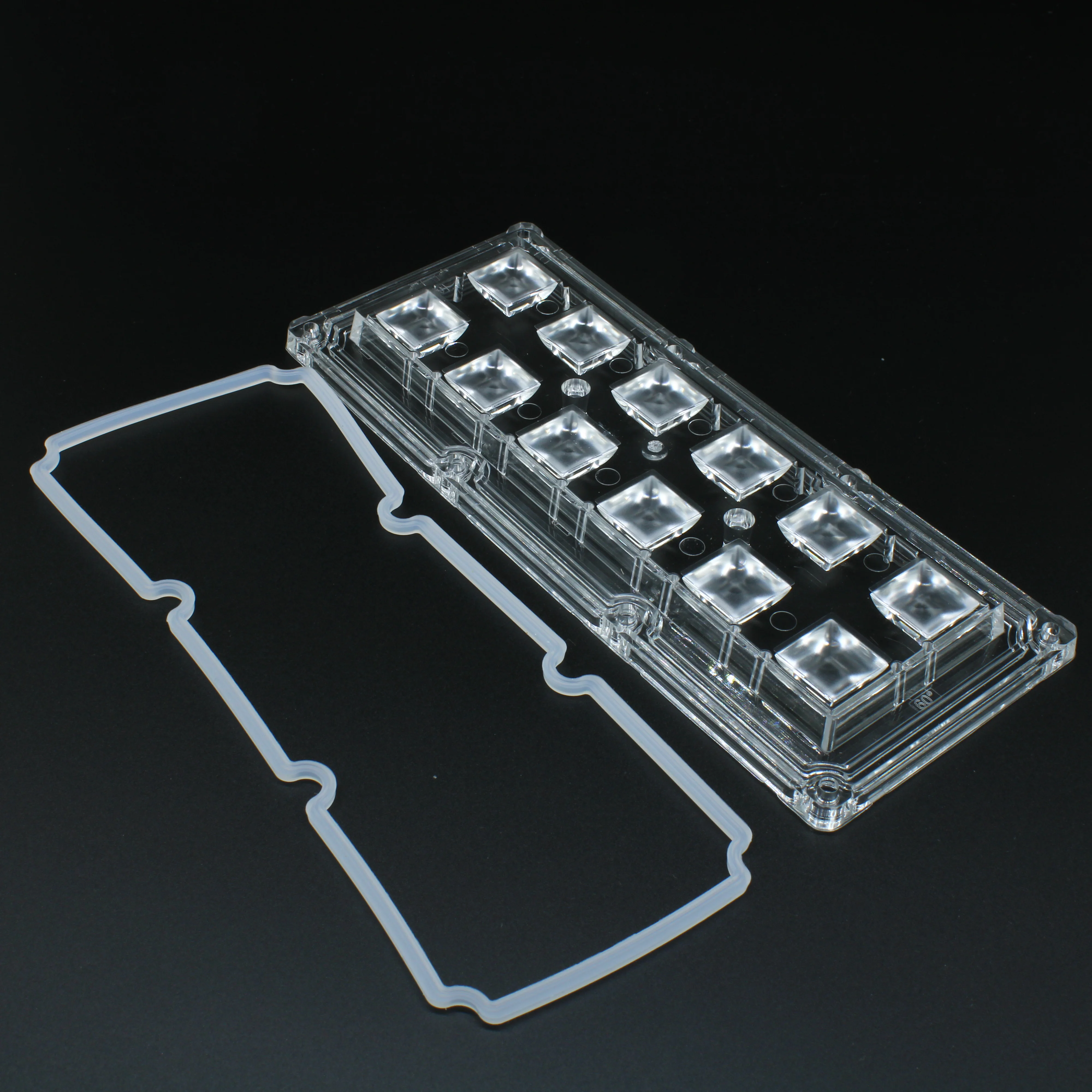 ALHB173D12LED60G-NEW - Групповая прямоугольная линза 2x6 на 12 светодиодов 3030/3535/5050, эфф=93%, 60°(квадрат), 173x71.4mm   H:7,95mm, PMMA, обновленная версия.