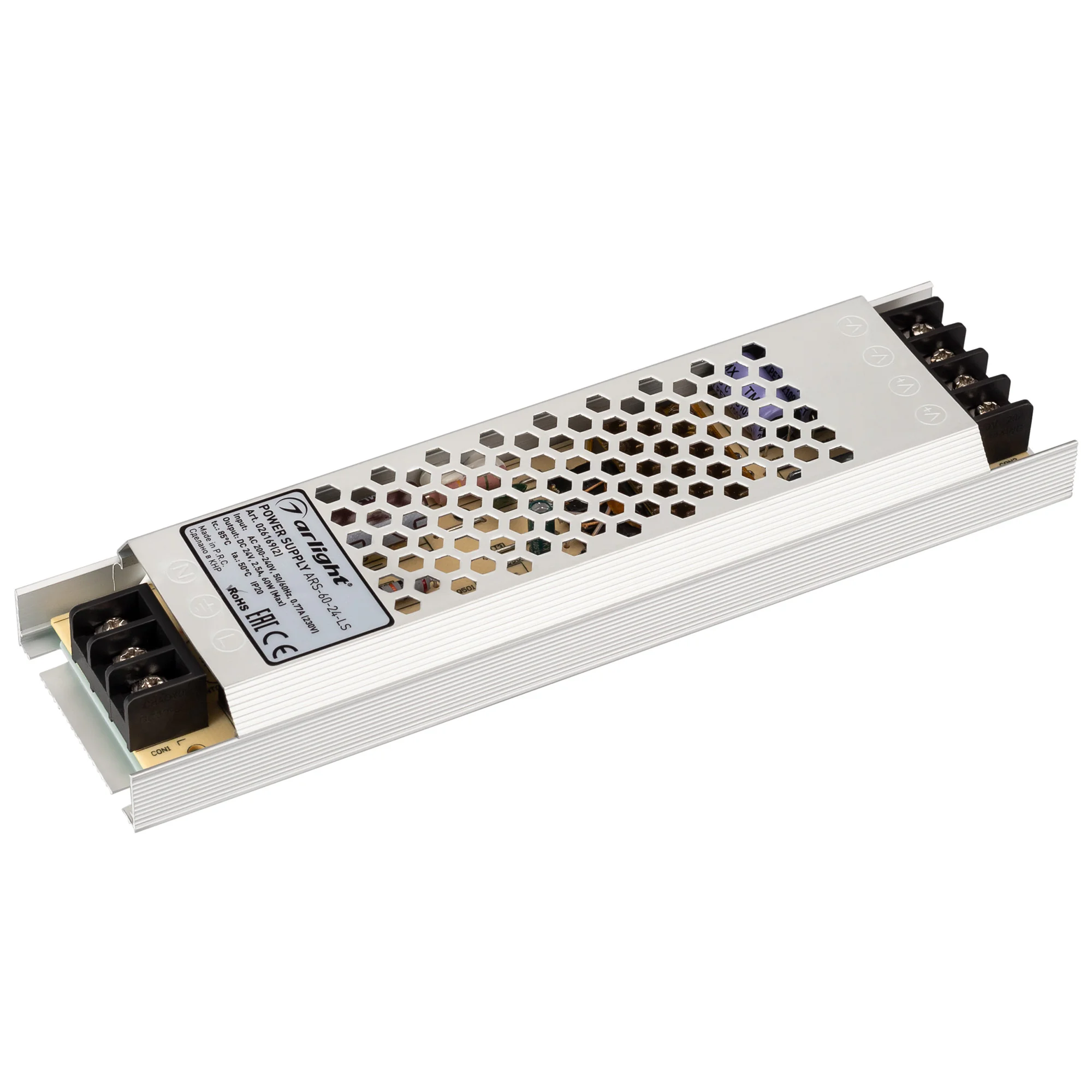 Блок питания ARS-60-24-LS (24V, 2.5A, 60W) 026169(2) - Источник напряжения с гальванической развязкой для светодиодных изделий. Входное напряжение 200-240 VAC. Выходные параметры: 24 В, 2,5 А, 60 Вт. Встроенный PFC >0,5. Негерметичный алюминиевый сетчатый