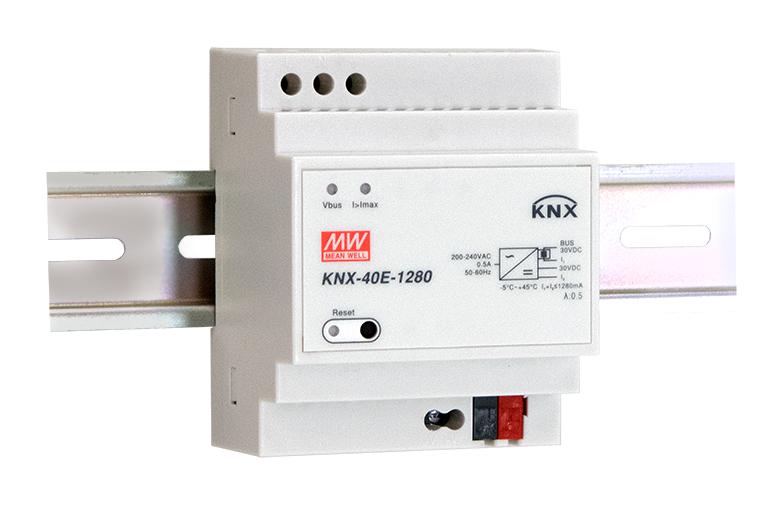 KNX-40E-1280 - AC-DC для системы KNX, 38.4Вт, вход 180…264V AC, 47…63Гц /254…370В DC, выход 30В/1280мA, интегр. шина KNX, изоляция 4200В AC, на DIN-рейку 72х90х57мм, -30…+70°С
