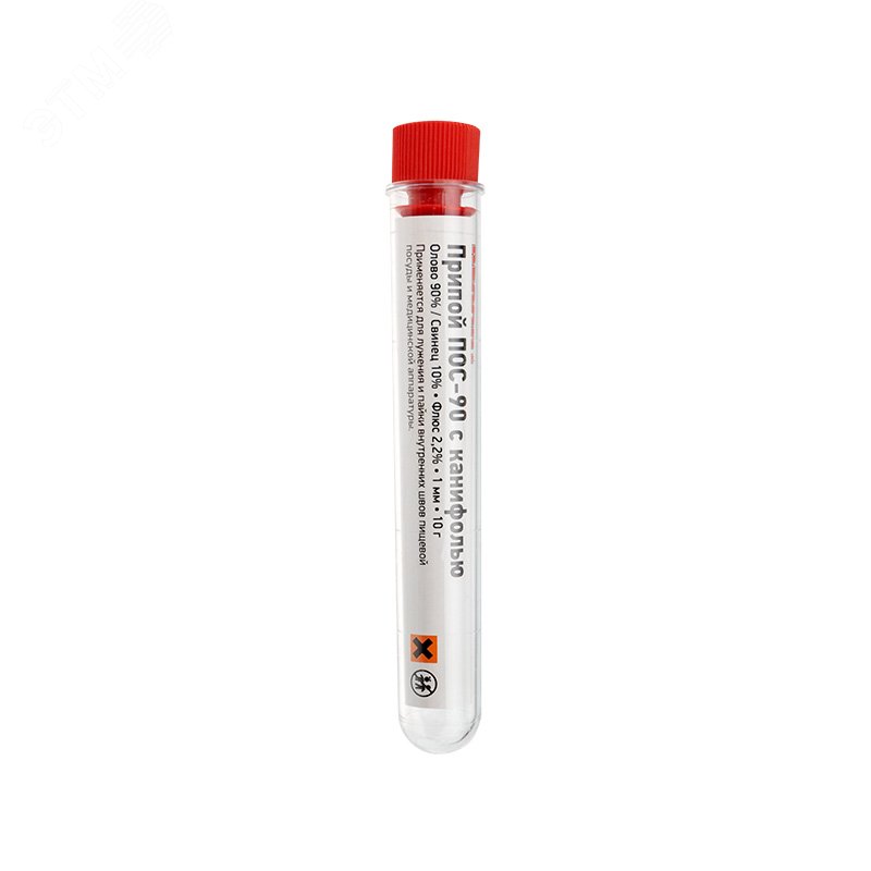 Припой с канифолью ПОС-90 10гр  1.0мм - Припой трубчатый с канифолью REXANT, 10 г, d1.0 мм, (олово 90%, свинец 10%), колба