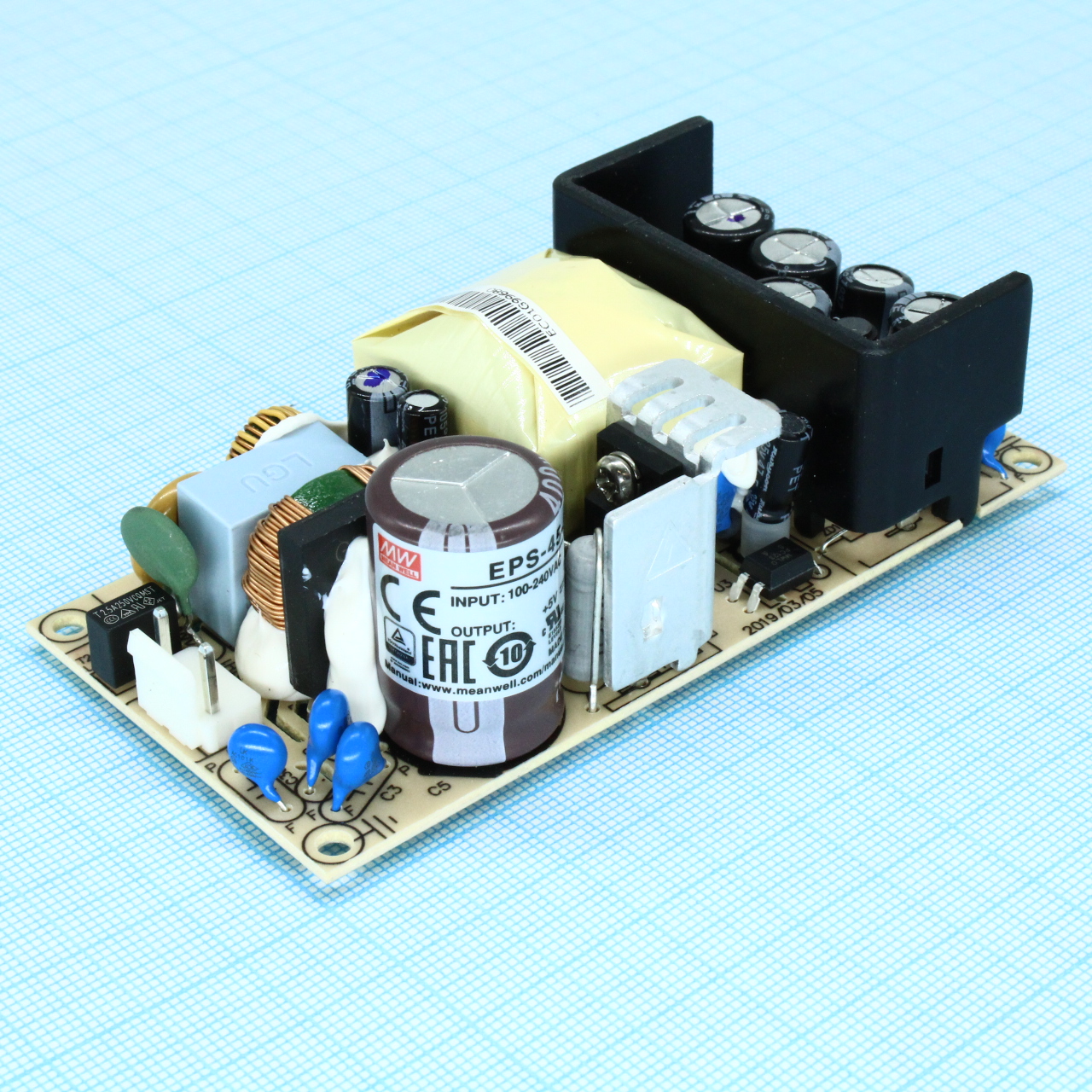 EPS-45-5 - AC-DC, 40Вт, вход 85…264V AC, 47…63Гц /120…370В DC, выход 3.3В/8A, рег. вых 4.75…5.5В, изоляция 3000В AC, открытая плата 101.6х50.8х29мм, -30…+70°С
