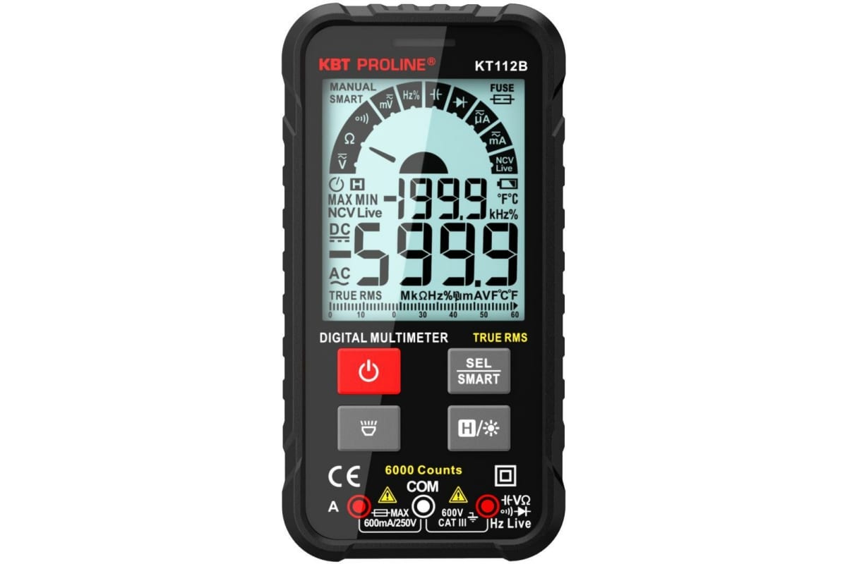 KT 112В серия PROLINE - Мультиметр компактный цифровой SMART с True RMS, ЖК-дисплей, ACA/DCA/ACV/DCV/R/C/F автоматический выбор пределов измерений