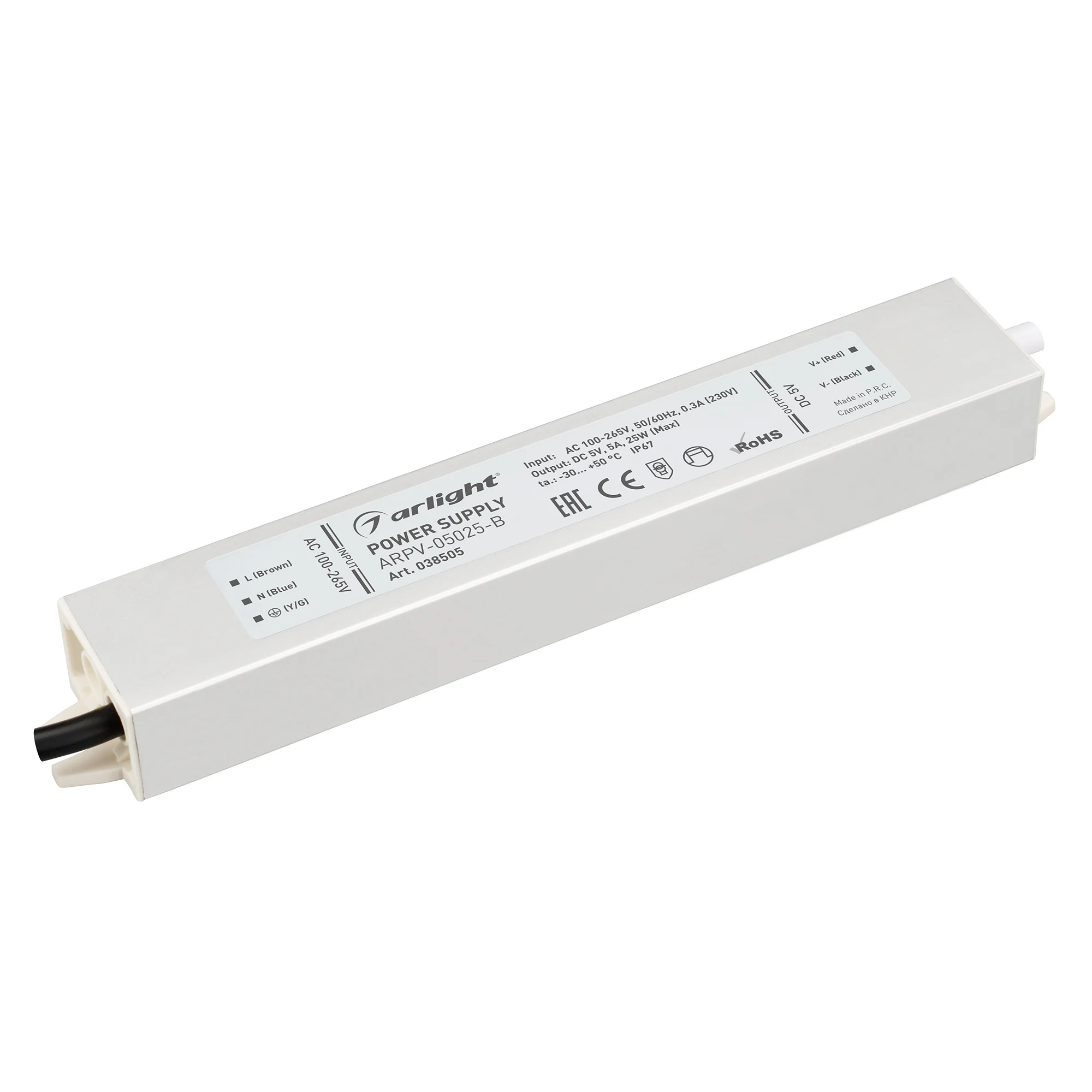Блок питания ARPV-05025-B (5V, 5.0A, 25W) 038505 - Источник напряжения с гальванической развязкой для светодиодных изделий. Входное напряжение 100-240VAC. Выходные параметры: 5 В, 5 А, 25 Вт. Встроенный PFC >0,5. Герметичный пластиковый корпус IP 67. Рабо