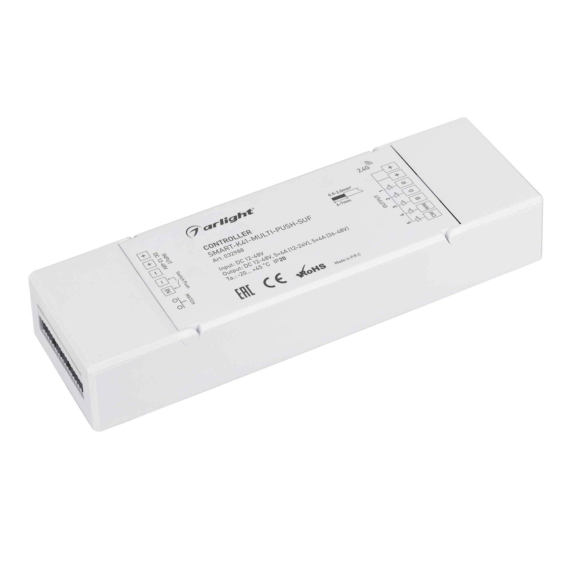 Контроллер SMART-K41-MULTI-PUSH-SUF (12-48V, 5x6A, RGB-MIX, 2.4G) 032988 - Многофункциональный 5-канальный контроллер для светодиодной RGB и MIX лент и модулей (ШИМ). Питание/рабочее напряжение 12-48VDC, максимальный ток 6A на канал при 12-24В, 4А на кана
