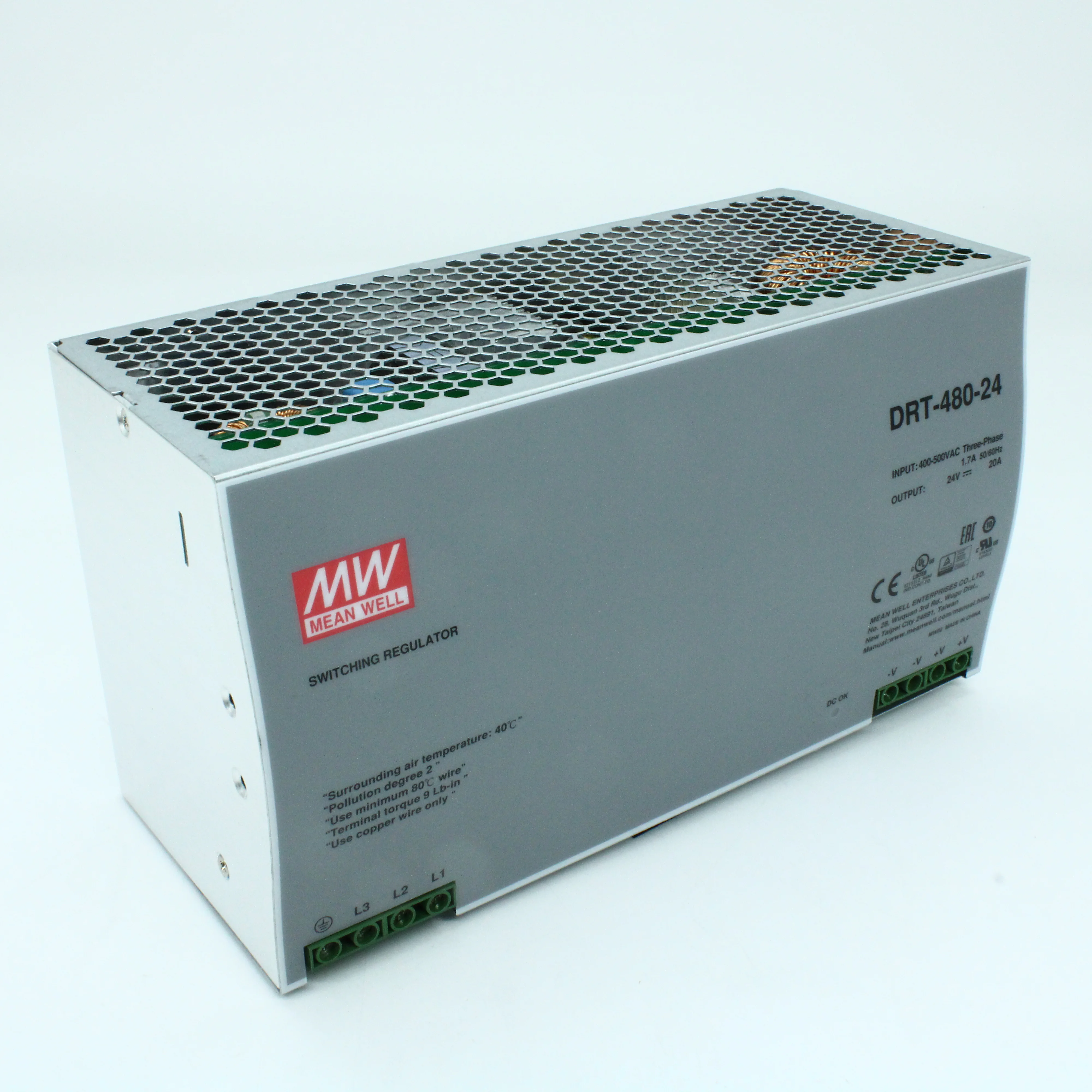 DRT-480-24 - Преобразователь AC-DC на DIN-рейку  480Вт, 3-х фазный, выход 24…28В/20A, вход 340…550В AC, 47…63Гц /480…780В DC, изоляция 3000В AC, в кожухе  227.5х125.2х100мм, -10…+70°С