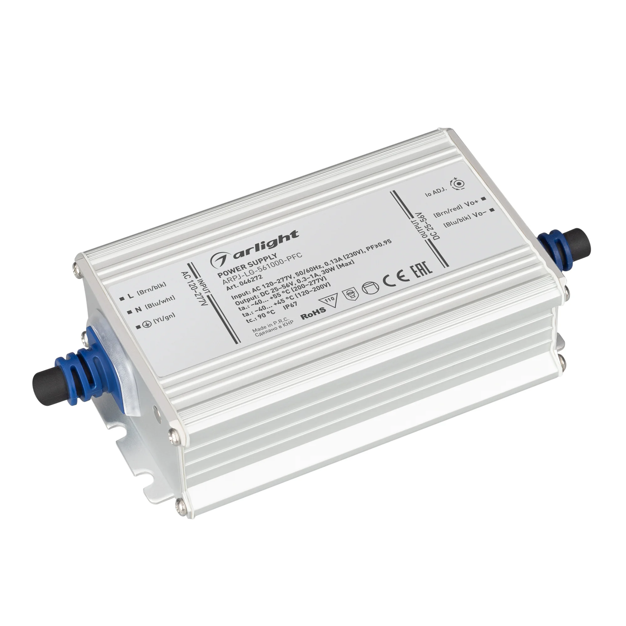 Блок питания ARPJ-LG-561000-PFC (30W, 25-56V, 0.3-1.0A) 046272 - Источник тока с гальванической развязкой для светильников и мощных светодиодов. Входное напряжение 120-277 VAC. Выходные параметры: 25-56 В, 300-1000mА (регулировка встроенным потенциометром