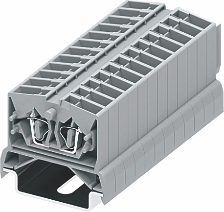 Клемма мини 254371 - Мини клемма, верхний подвод кабеля, 2 точки подключения в клемме, тип фиксации провода: пружинный, номинальное сечение: 2,5 мм кв., 24A, 800V, цвет: серый, тип монтажа: DIN35