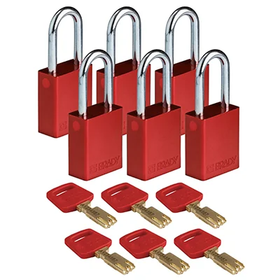 gws150303 - Замки SafeKey алюминиевые со стальной дужкой, высота дужки – 38 мм, диаметр дужки – 6.4 мм, алюминиевый корпус, размеры корпуса – 46х38х19 мм, цвет – красный, 6 шт/упак