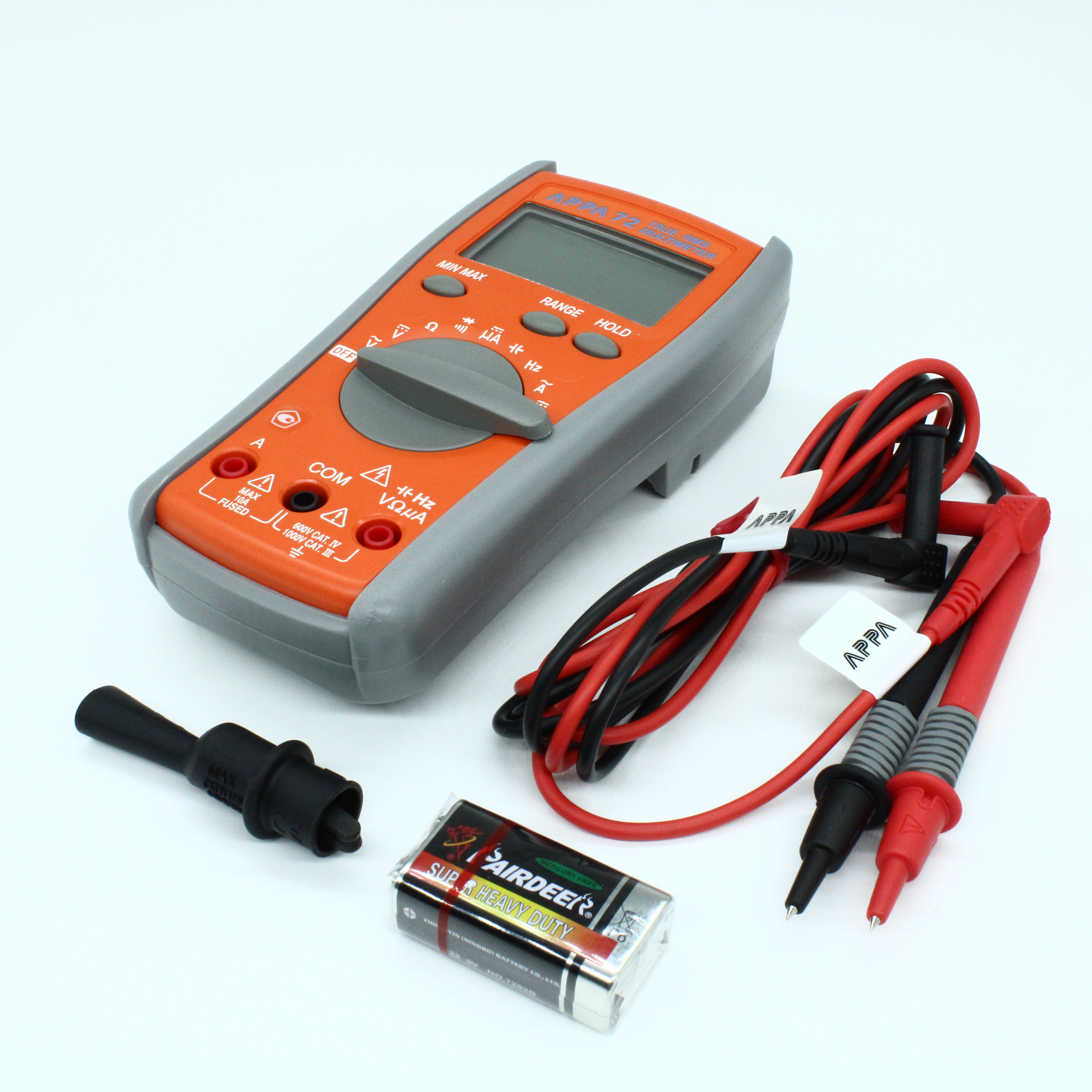 APPA 72 - Мультиметр, погрешность 0,5 %,U пост.0,1 мВ-1000 В, U пер.1 мВ-750 В (50 Гц-500 Гц True RMS), I пост. 0,1 мкА-600мА, пер. 0,01 мА-600мА(50 Гц-500 Гц True RMS), сопр 0,1 Ом-60 МОм, F 1Гц…60 МГц С 1пФ...6мФ,прозвон