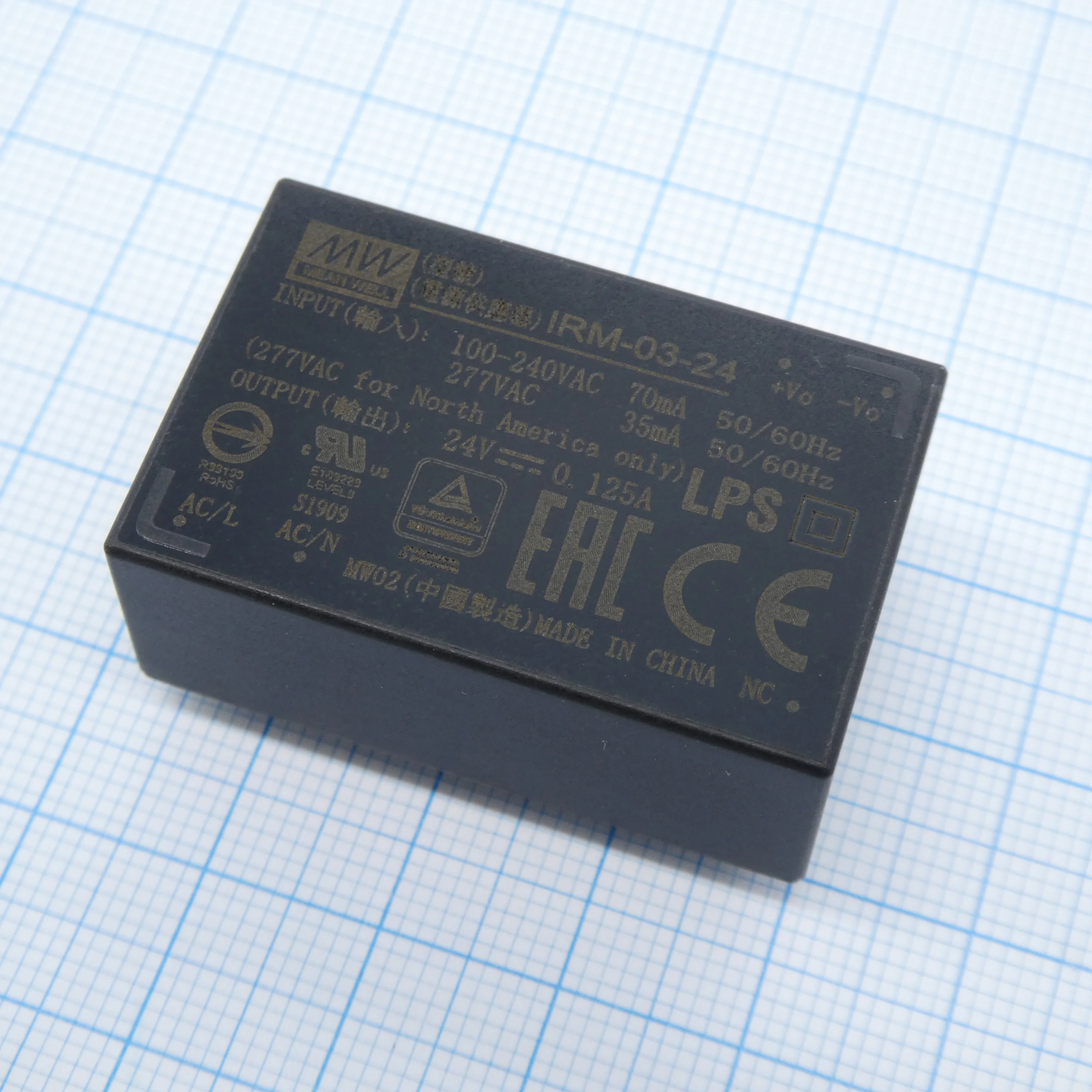 IRM-03-24 - AC-DC,3Вт, вход 85…305В AC 47...440 Гц, 120...370B DC, выход 24В/125мА, изоляция 3000В AC, в корпусе на плату 37х24х15мм, -30...+85°C, монтаж в отверстия