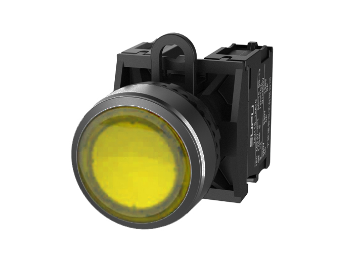 Кнопка плоская (желтая) TS2011-0AM30 - Кнопка круглая плоская, без блокировки, с подсветкой, пластиковое переднее кольцо, без контактной группы, диаметр головки кнопки 29,5 мм, диаметр посадочного отверстия: 22 мм, цвет: желтый