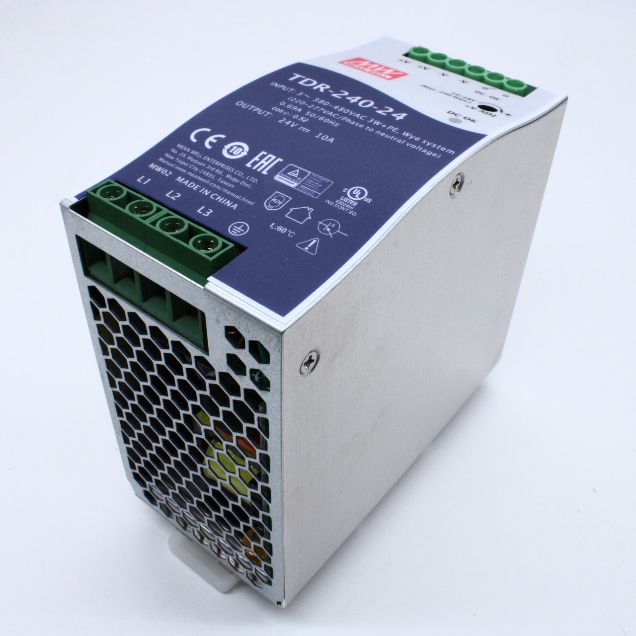 TDR-240-24 - AC-DC, 240Вт, ККМ, 3-х фазный, вход 340…550В AC, 47…63/480…780В DC, выход 24В/10A, рег. вых 24…28В,  изоляция 3000В AC, в кожухе на DIN-рейку 63х125.2х113.5мм, -30…+70°С