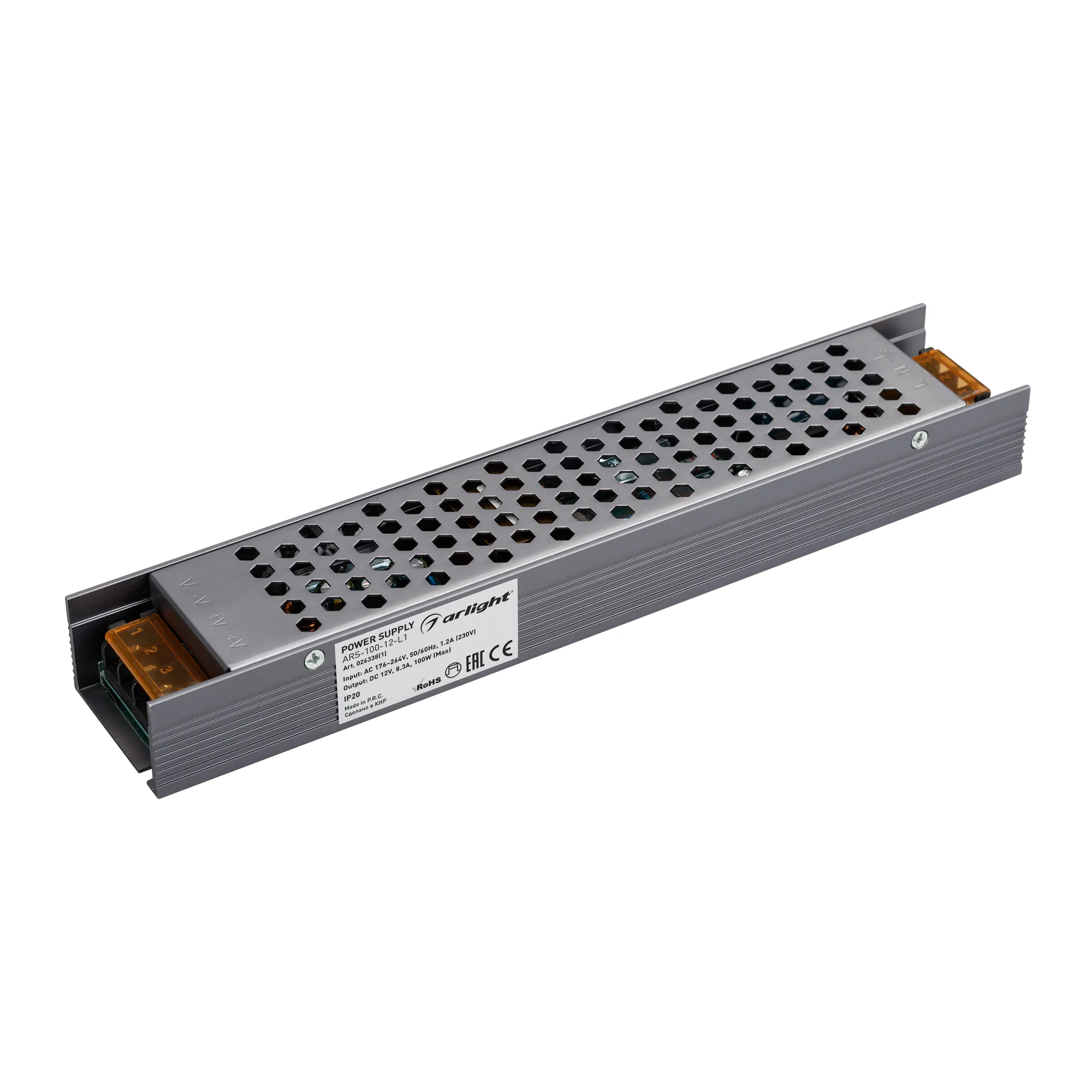 Блок питания ARS-100-12-L1 (12V, 8.3A, 100W) 026338(1) - Источник напряжения с гальванической развязкой для светодиодных изделий. Входное напряжение 176-264 VAC. Выходные параметры: 12 В, 8,3 А, 100 Вт. Встроенный PFC >0,5. Негерметичный алюминиевый сетча